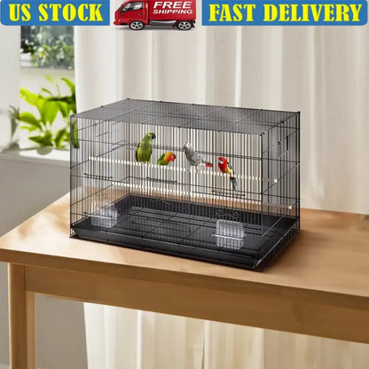 Large black metal bird cage for small birds with four colorful parakeets on a wooden table on Tampa Home & Garden Store