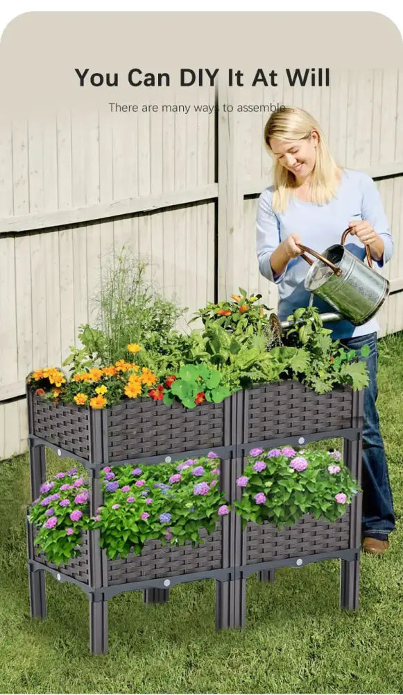 Woven brown plant stand with four outdoor planters by Decorbites, filled with colorful blooms on Tampa Home & Garden Store