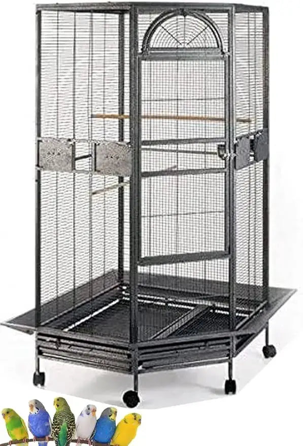Black wrought iron Bird Cage by Decorbites on a wheeled stand with arched top and side doors on Tampa Home & Garden Store