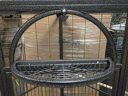 Wrought iron bird cage with circular front perch, black speckled finish, Decorbites on Tampa Home & Garden Store