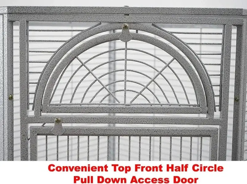 Wrought iron bird cage by Decorbites with half-circle pull-down door, gray finish on Tampa Home & Garden Store
