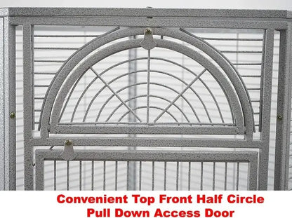 Wrought iron bird cage by Decorbites with half-circle pull-down door, gray finish on Tampa Home & Garden Store