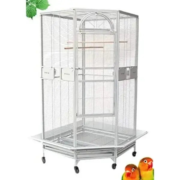 Wrought Iron Bird Cage on wheeled stand, silver finish, arched top, wood perches Decorbites on Tampa Home & Garden Store