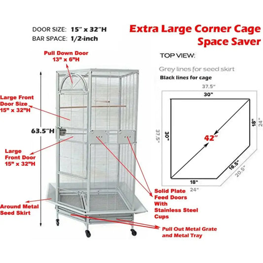 Decorbites wrought iron bird cage with pull-down doors, stainless steel cups, seed skirt on Tampa Home & Garden Store