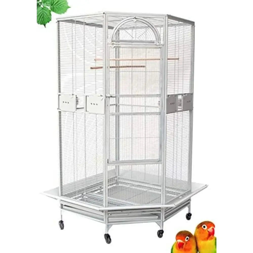 Wrought Iron Bird Cage by Decorbites, tall silver metal cage with arch top on a wheeled stand on Tampa Home & Garden Store
