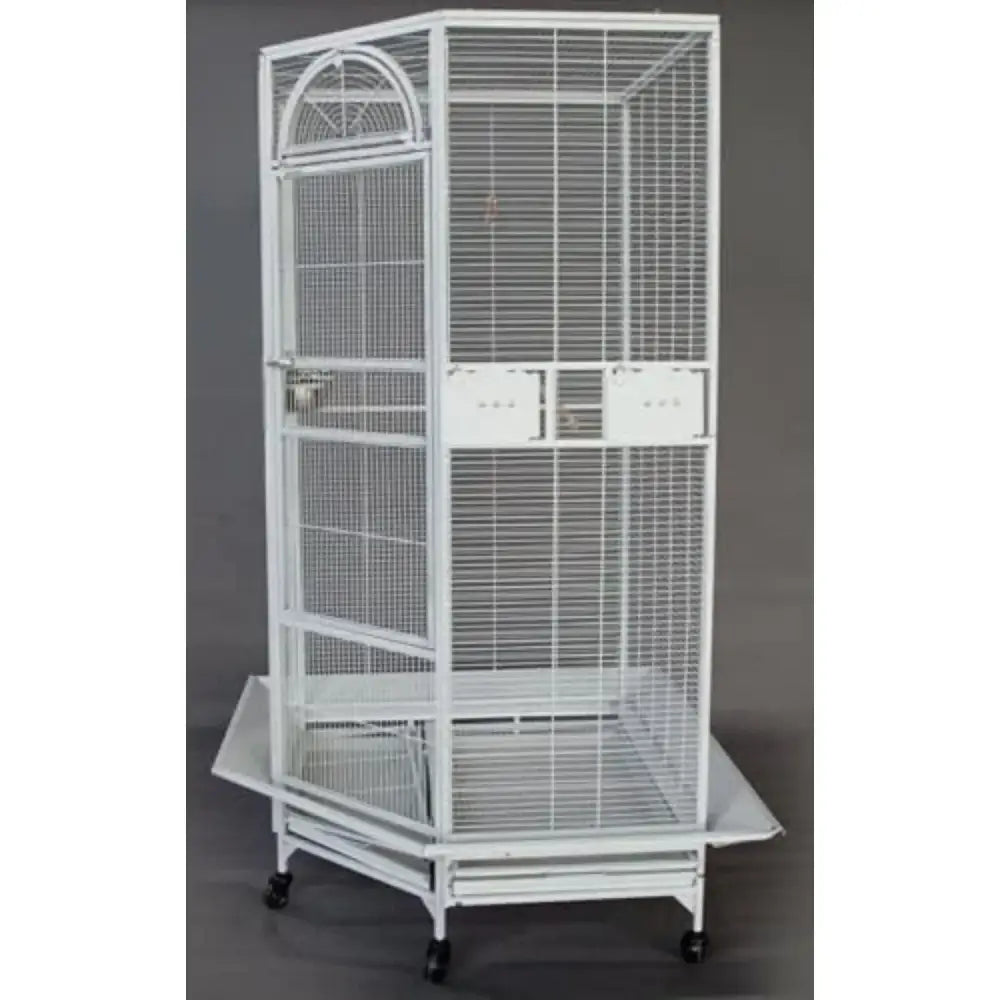 Wrought Iron Bird Cage by Decorbites, tall white wheeled cage with arched top and grid panels on Tampa Home & Garden Store
