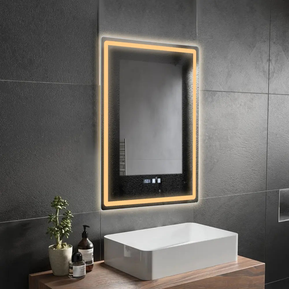LED Anti-Fog Bathroom Mirror rectangular wall-mounted with warm LED edge lighting on Tampa Home & Garden Store