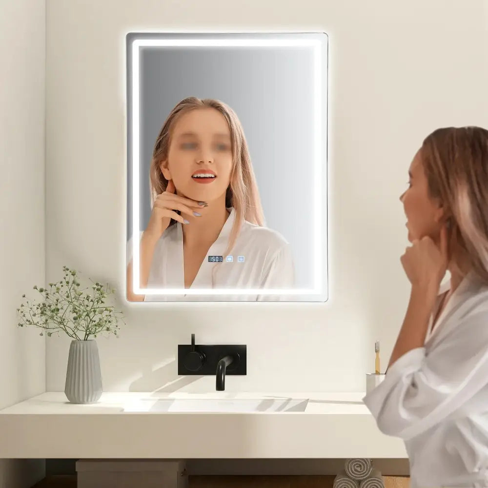 LED Anti-Fog Bathroom Mirror with built-in LED edge lighting, Decorbites white frame on Tampa Home & Garden Store