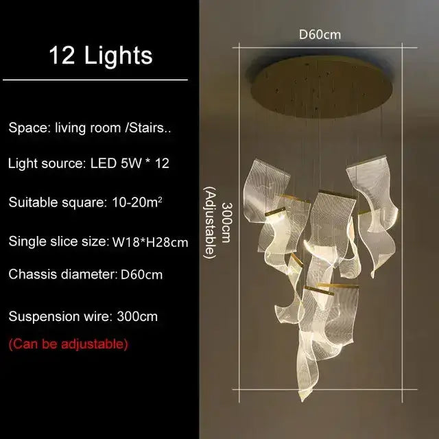 Decorbites modern gold sculptural LED ceiling chandelier with 12 lights, adjustable 300cm suspension on Tampa Home & Garden Store