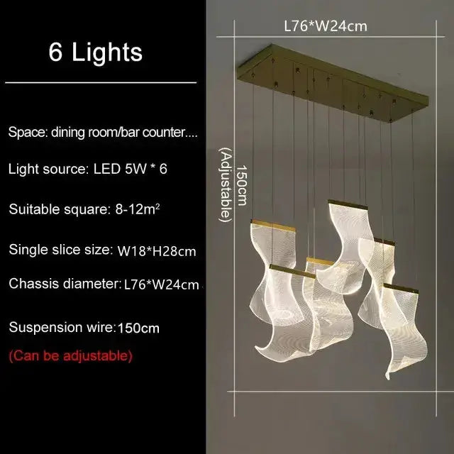 Chandelier six gold sculptural LED pendants from rectangular ceiling mount with adjustable wires on Tampa Home & Garden Store