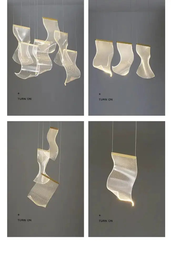 Chandelier: modern gold sculptural LED pendant with four wispy, wavy translucent panels on Tampa Home & Garden Store