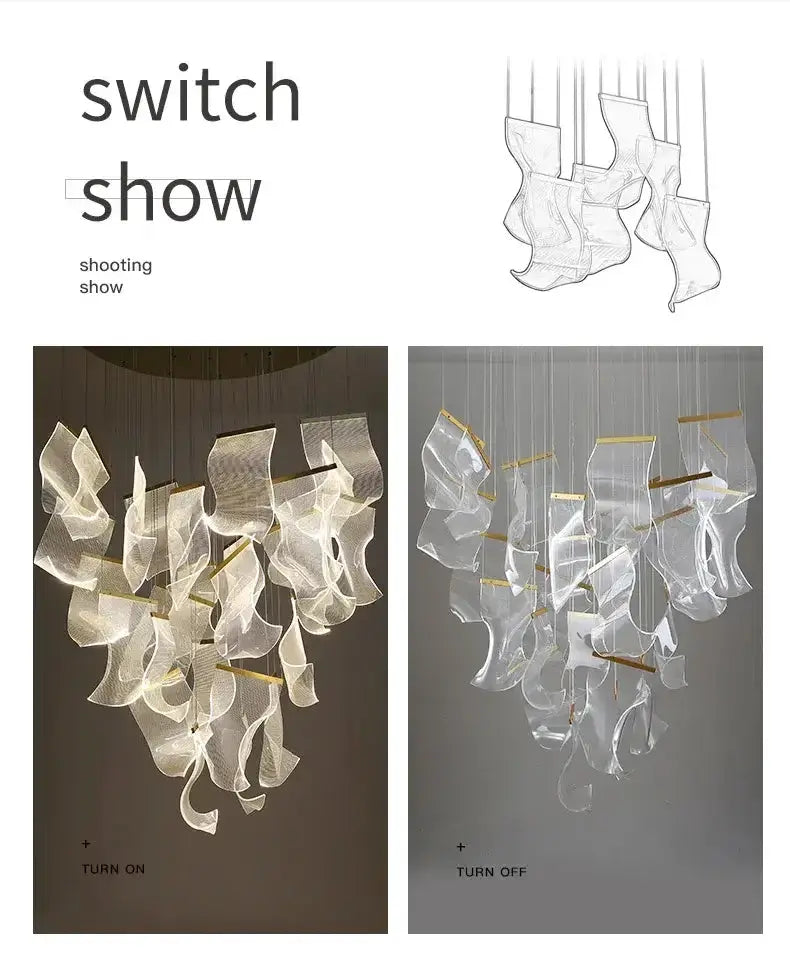 Modern gold sculptural LED chandelier by Decorbites with translucent blades, ceiling light on Tampa Home & Garden Store