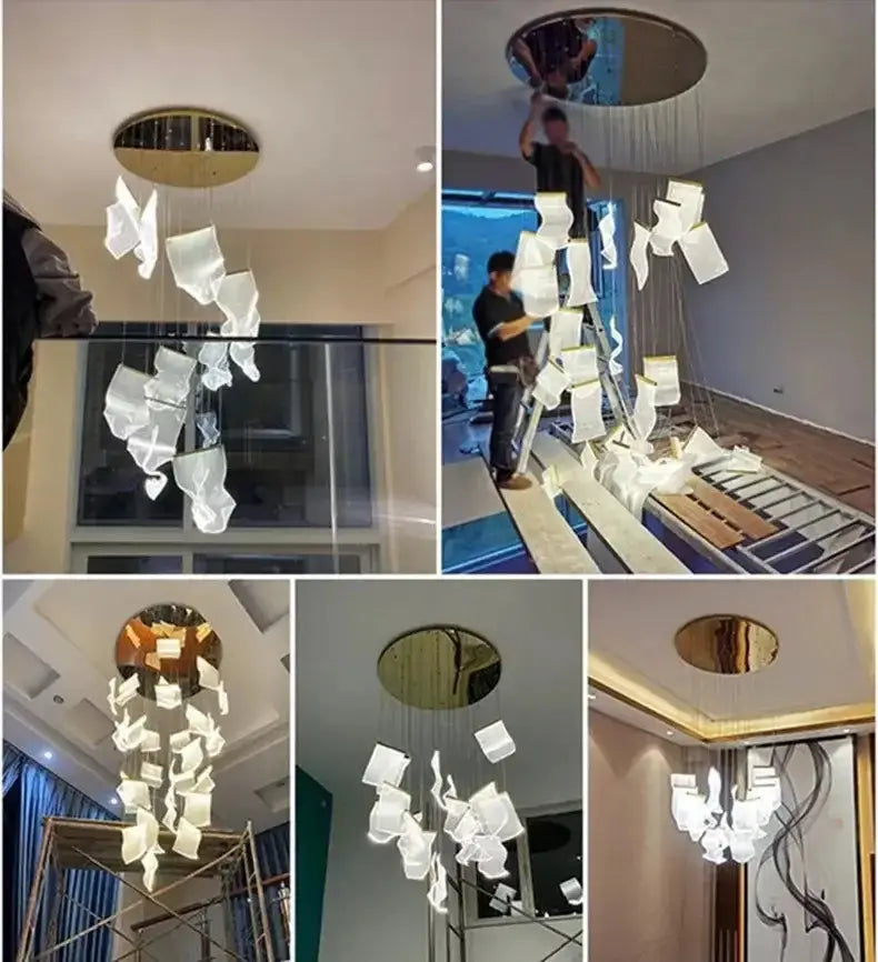 Decorbites modern gold sculptural LED chandelier with cascading frosted square glass accents on Tampa Home & Garden Store