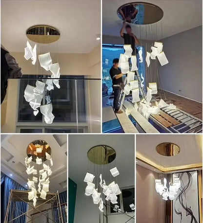 Decorbites modern gold sculptural LED chandelier with cascading frosted square glass accents on Tampa Home & Garden Store
