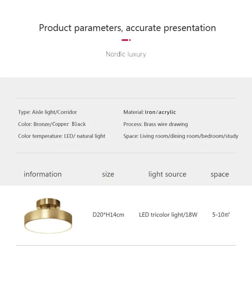 Gold LED bedroom ceiling light flush mount; Decorbites brass/gold circular fixture, 20cm dia on Tampa Home & Garden Store