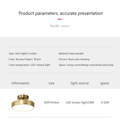 Gold LED bedroom ceiling light flush mount; Decorbites brass/gold circular fixture, 20cm dia on Tampa Home & Garden Store
