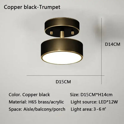 Copper black trumpet LED ceiling light flush mount, brass/acrylic, D15cmxH14cm, 12W LED on Tampa Home & Garden Store