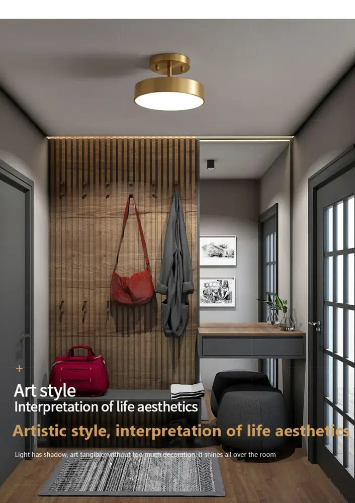 Gold LED Bedroom Ceiling Light flush mount in gold finish by Decorbites in wood hallway on Tampa Home & Garden Store
