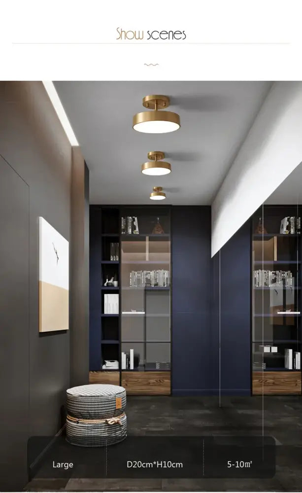 Gold LED bedroom ceiling light flush mount trio by Decorbites in a modern navy interior on Tampa Home & Garden Store