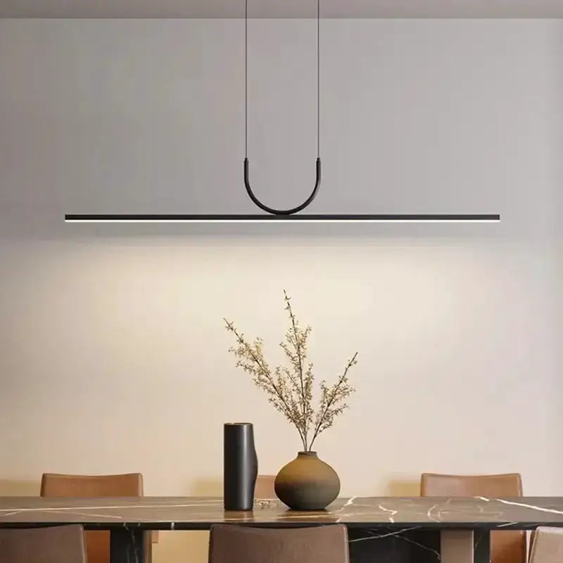 Chandelier Decorbites Nordic black metal LED pendant with linear bar and curved hoop on Tampa Home & Garden Store