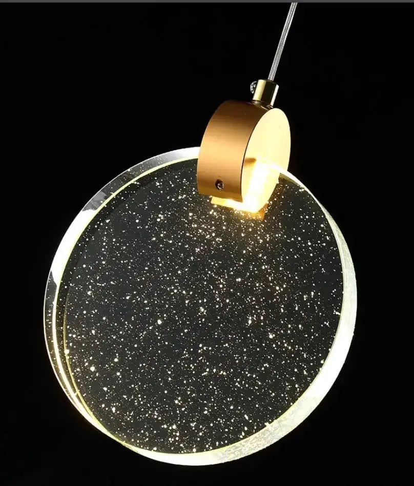 Modern gold LED crystal pendant light, round speckled disk with gold hardware by Decorbites on Tampa Home & Garden Store