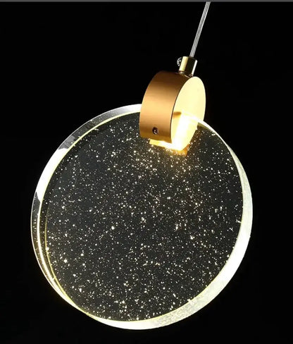 Modern gold LED crystal pendant light, round speckled disk with gold hardware by Decorbites on Tampa Home & Garden Store