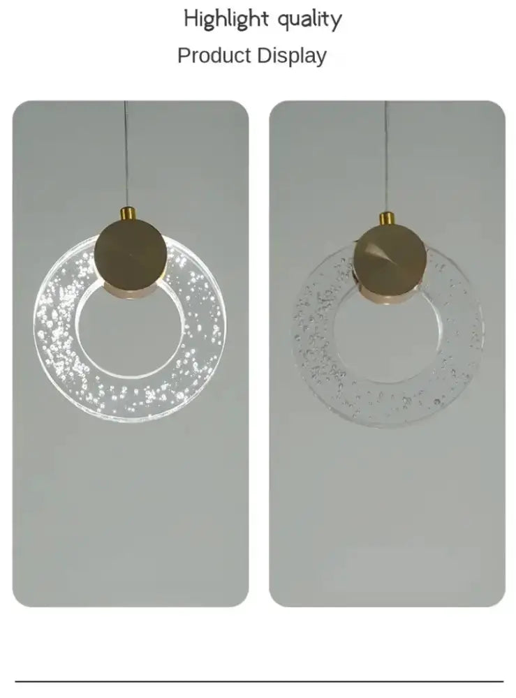 Decorbites modern gold LED crystal pendant light circular bubbled ring, two-view display on Tampa Home & Garden Store