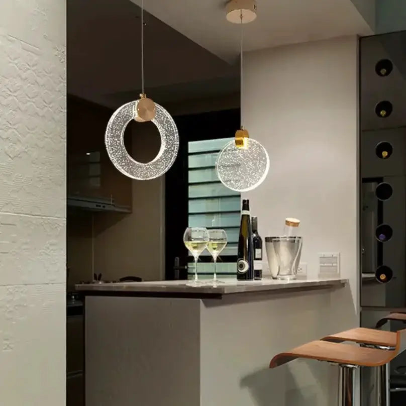 Pendant lights Modern gold LED crystal halo rings by Decorbites, 2-ring over island on Tampa Home & Garden Store