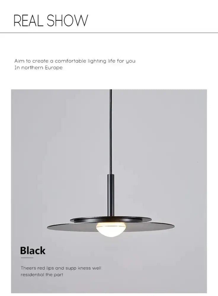 Minimalist black flying saucer pendant chandelier, black metal disc for dining lighting on Tampa Home & Garden Store