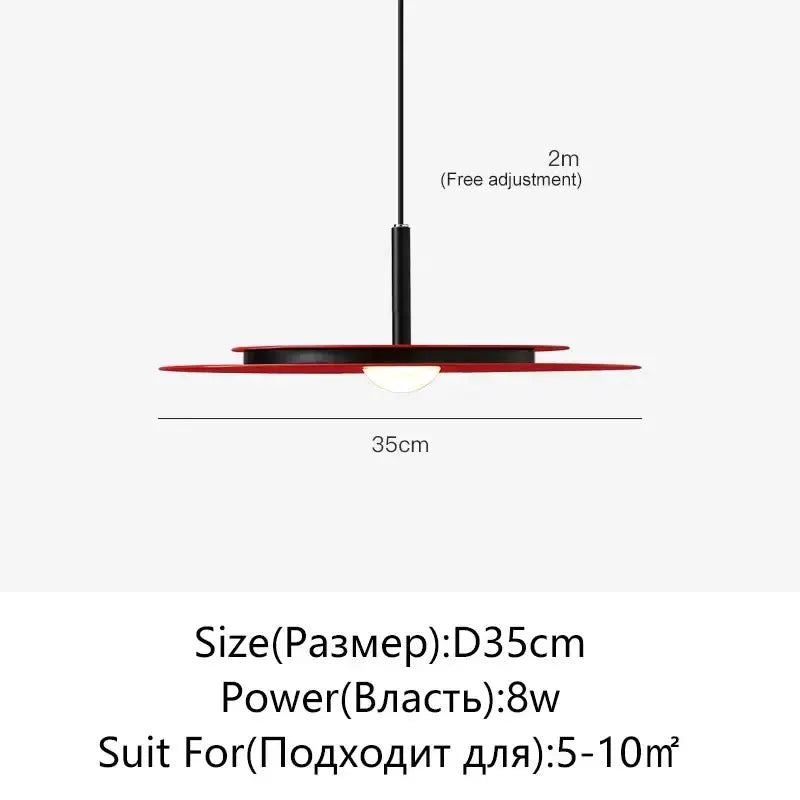 Minimalist black flying saucer pendant light by Decorbites with red shade, 35cm dia, 2m cord on Tampa Home & Garden Store