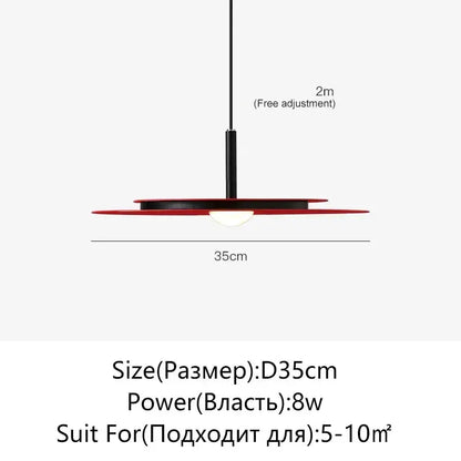 Minimalist black flying saucer pendant light by Decorbites with red shade, 35cm dia, 2m cord on Tampa Home & Garden Store
