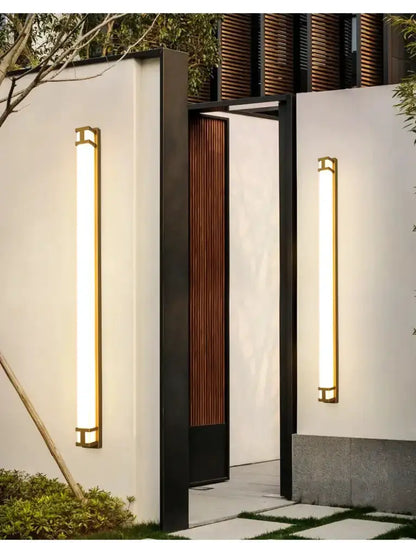 Decorbites modern black and gold LED outdoor wall lamp garden sconce, pair of tall sconces on Tampa Home & Garden Store
