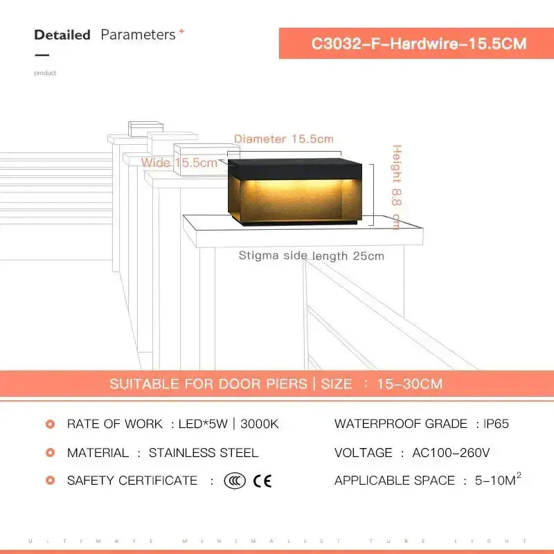 Decorbites black square solar LED pillar light in stainless steel for fence caps amber glow on Tampa Home & Garden Store