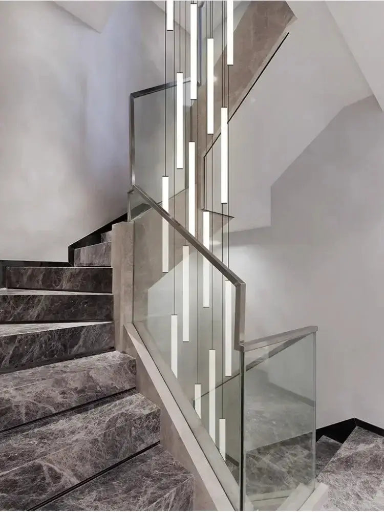 Chandelier: Black LED staircase pendant with light tubes along glass rail Decorbites on Tampa Home & Garden Store