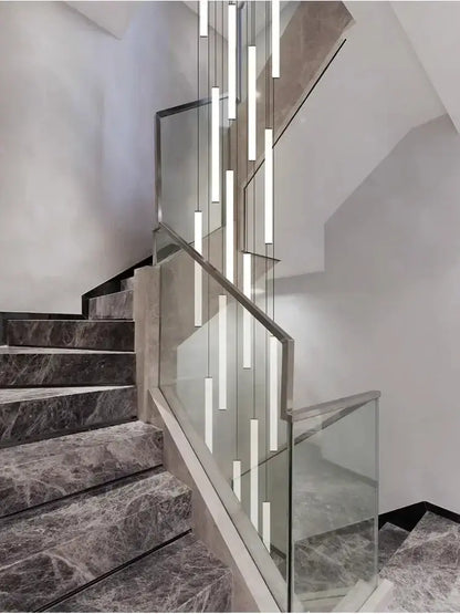 Chandelier: Black LED staircase pendant with light tubes along glass rail Decorbites on Tampa Home & Garden Store