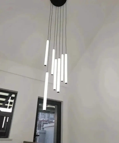 Chandelier Decorbites modern black LED spiral staircase pendant with cylindrical tubes on Tampa Home & Garden Store