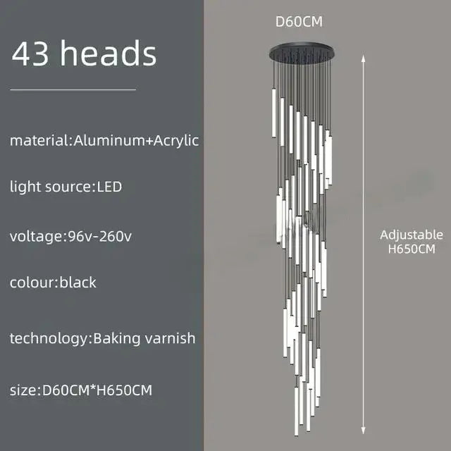 Gold spiral single-light dining chandelier with 43 LED heads, black aluminum + acrylic on Tampa Home & Garden Store