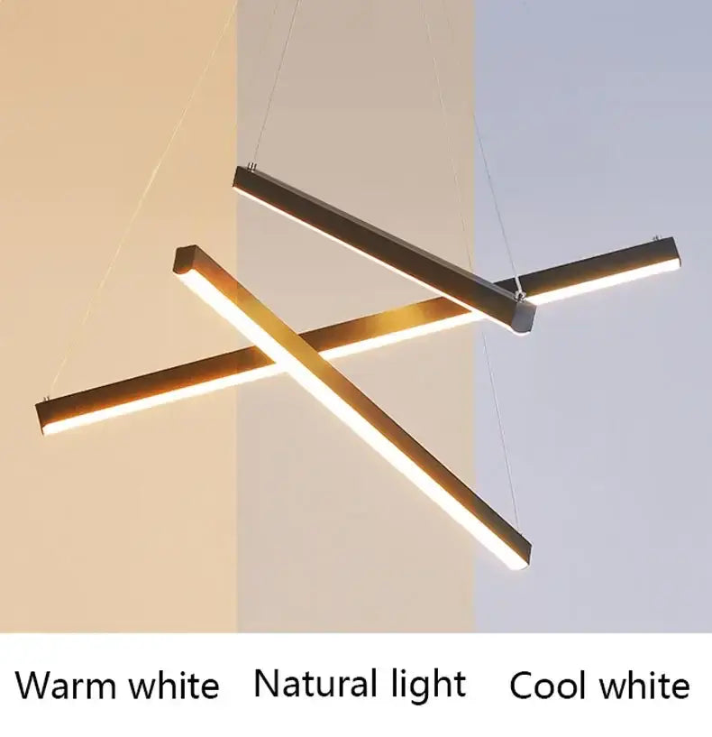 Gold Stair Chandelier Light by Decorbites; three slim LED bars form a cross, suspended on Tampa Home & Garden Store