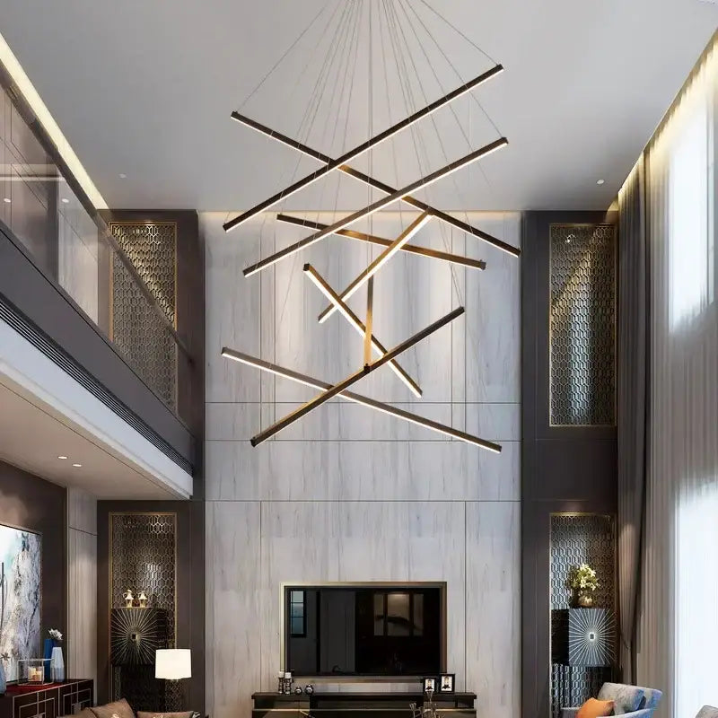 Gold Stair Chandelier Light by Decorbites; gold metal geometric chandelier with LED bars on Tampa Home & Garden Store