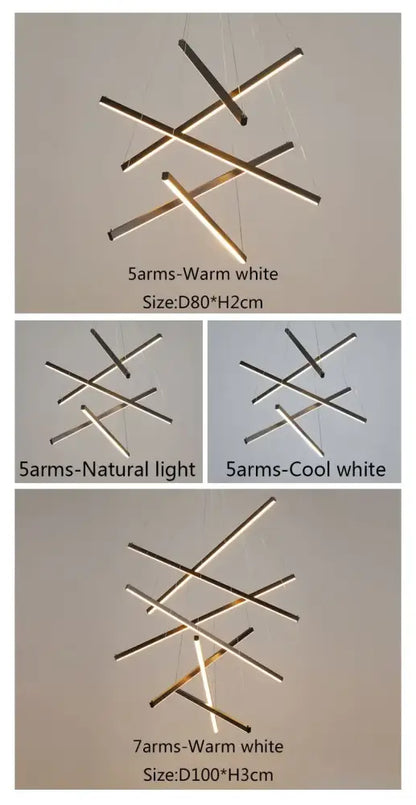 Gold stair chandelier light by Decorbites; 5-arm & 7-arm warm white crossed-bar pendant on Tampa Home & Garden Store