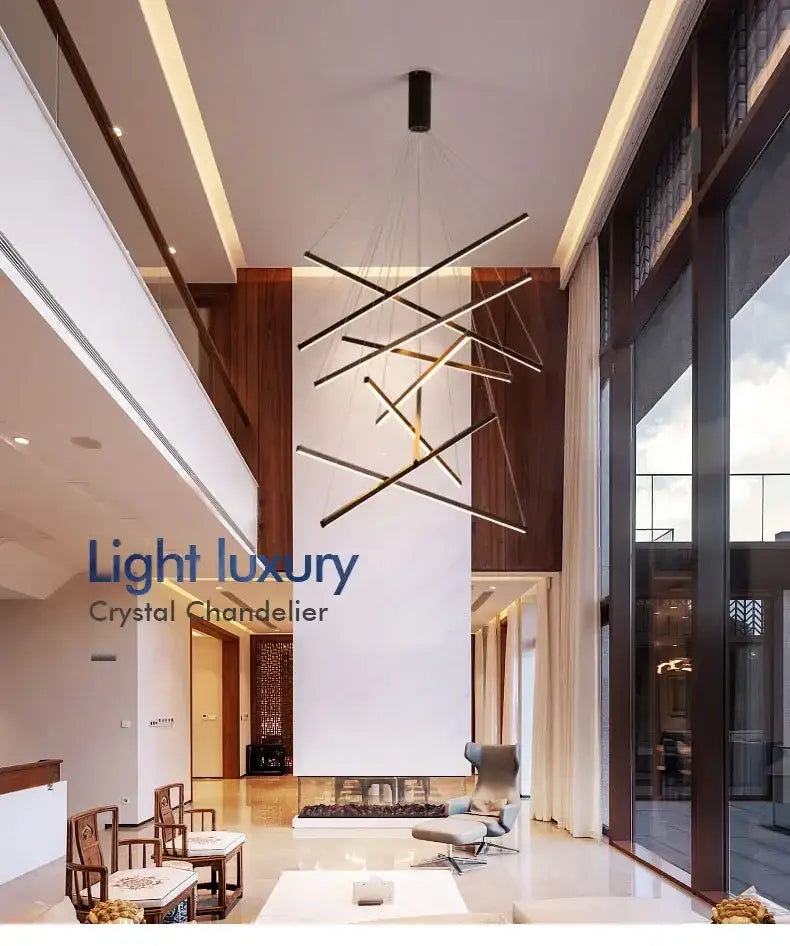 Gold Stair Chandelier Light by Decorbites, metal chandelier with linear rods in a living room on Tampa Home & Garden Store
