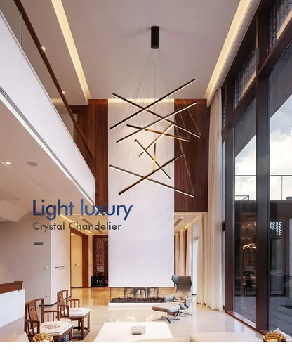 Gold Stair Chandelier Light by Decorbites, metal chandelier with linear rods in a living room on Tampa Home & Garden Store