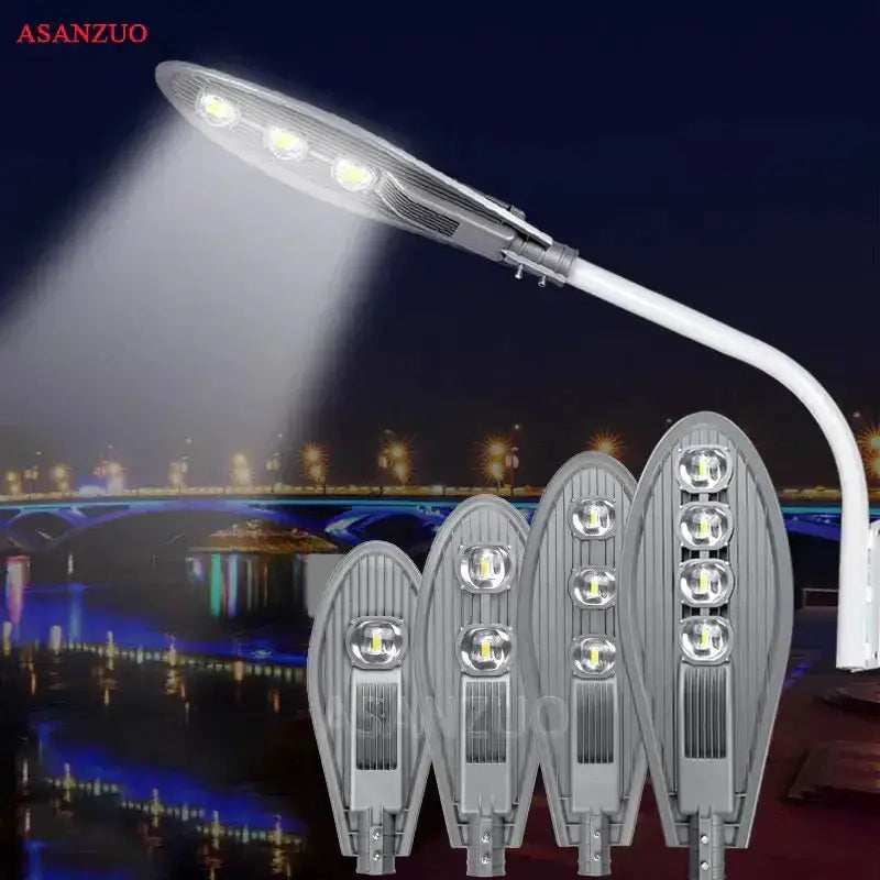 Gray ribbed three-bulb LED street light lamp with curved white pole by ASANZUO on Tampa Home & Garden Store