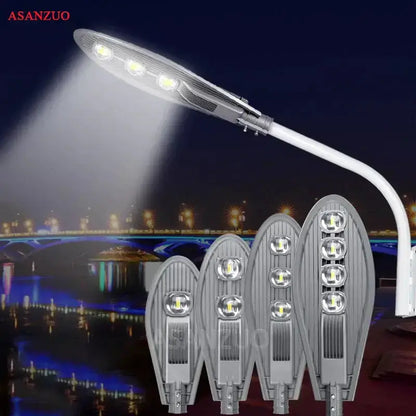 Gray ribbed three-bulb LED street light lamp with curved white pole by ASANZUO on Tampa Home & Garden Store