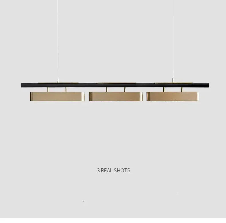 Chandelier Decorbites modern minimalist LED strip pendant in black with three gold blocks on Tampa Home & Garden Store