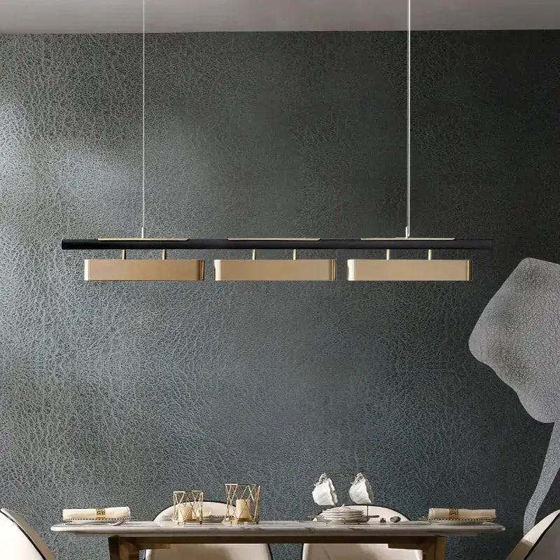 Chandelier Decorbites slim LED black and gold pendant lights with 3 blocks above table on Tampa Home & Garden Store