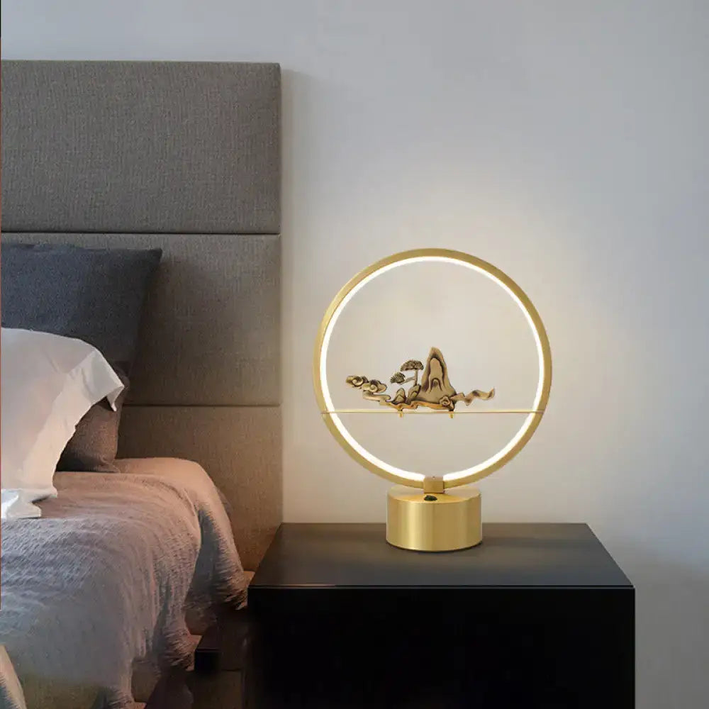 Gold Loop Table Lamp with circular LED ring and landscape silhouette inside by Decorbites on Tampa Home & Garden Store
