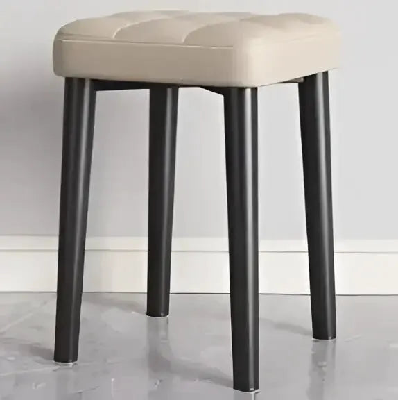Modern low square dining stool bench with beige upholstered seat and black metal legs, Decorbites on Tampa Home & Garden Store
