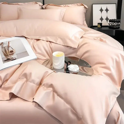 Sky Blue Satin Bedding Set duvet cover by Decorbites in satin on bed with mirrored tray on Tampa Home & Garden Store
