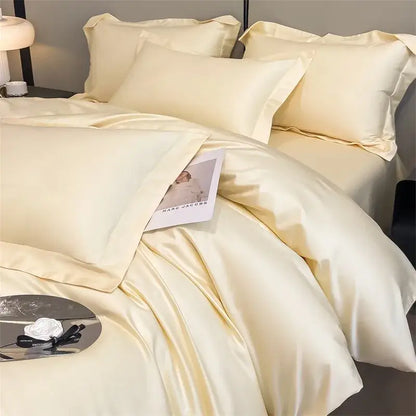 Decorbites Sky Blue Satin Duvet Cover Set with matching pillowcases on a bed on Tampa Home & Garden Store